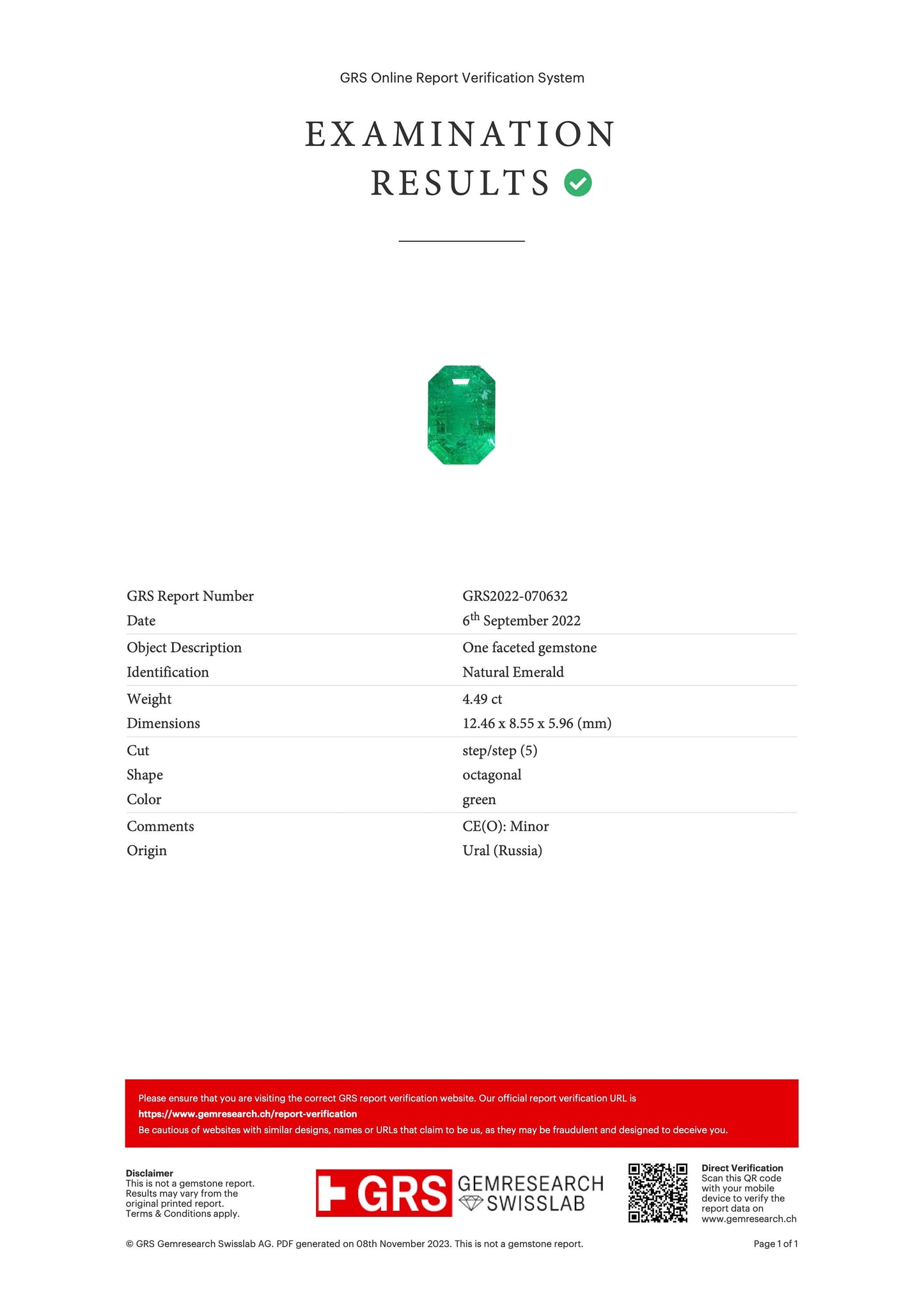 Ural Octagon Emerald 4.49 CTS with GRS