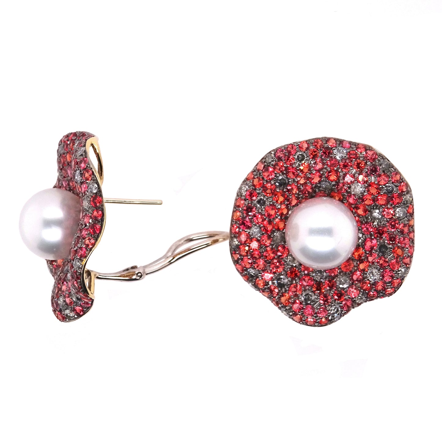 18K Yellow Gold Earrings with Brown Diamonds, Padparaja Sapphires and Cultured Pearls