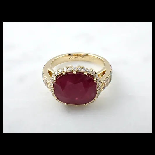 Ring in 18K Yellow Gold with White Diamonds, Multi Colour Princess Sapphires and Oval Ruby