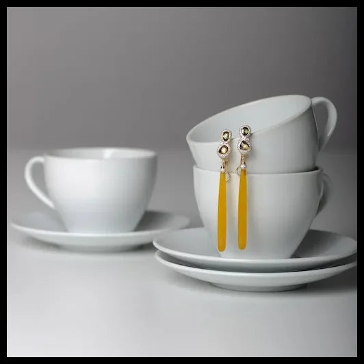 Yellow Jade Long Earrings in 18K Yellow Gold with Sapphires and Diamonds