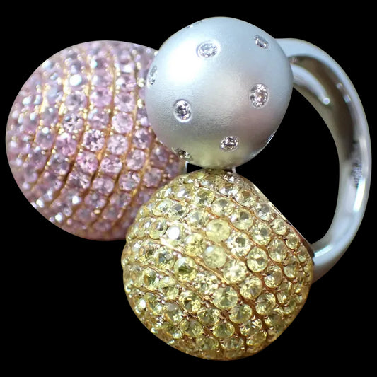 Three Sphere Ring in 14K White Gold with White Diamonds, Yellow Sapphires and Pink Sapphires