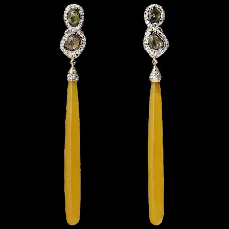 Yellow Jade Long Earrings in 18K Yellow Gold with Sapphires and Diamonds