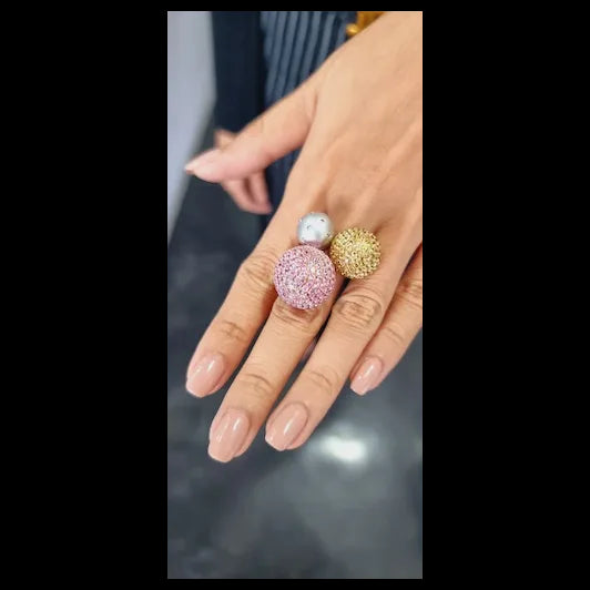 Three Sphere Ring in 14K White Gold with White Diamonds, Yellow Sapphires and Pink Sapphires