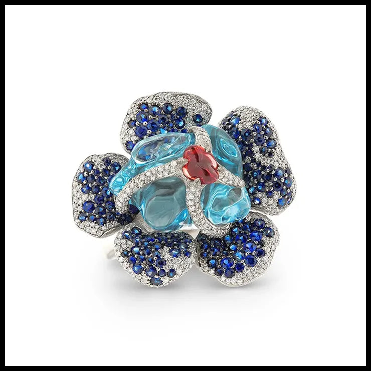 Flower Theme Ring in 18K White Gold with Diamonds, Blue Sapphires, Orange Sapphire and Uncut Aquamarine