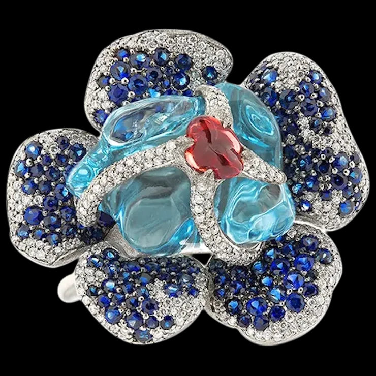 Flower Theme Ring in 18K White Gold with Diamonds, Blue Sapphires, Orange Sapphire and Uncut Aquamarine