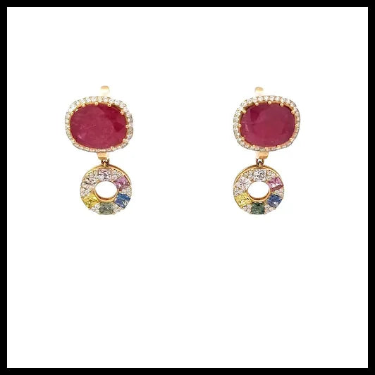 Princess Cut Multi Colour Sapphires, White Diamonds, Oval Rubies in 18K Yellow Gold Earrings