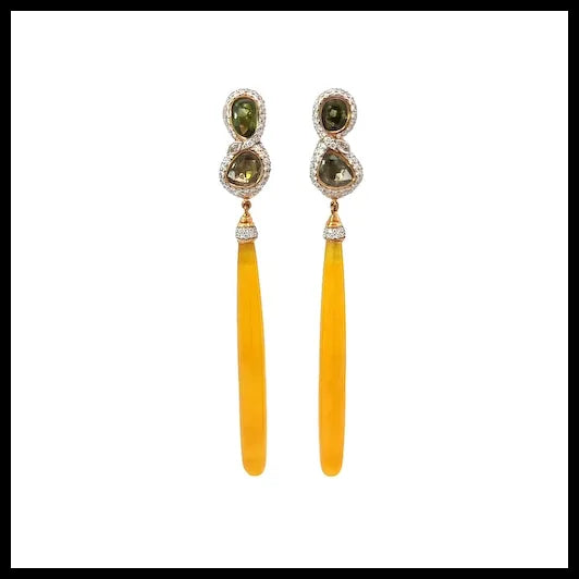 Yellow Jade Long Earrings in 18K Yellow Gold with Sapphires and Diamonds