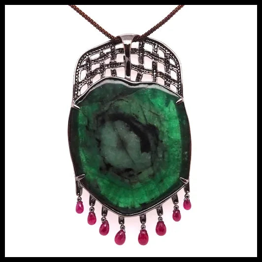 14K Gold Tender Trap Pendant with Emeralds, Black Diamonds and Rubies