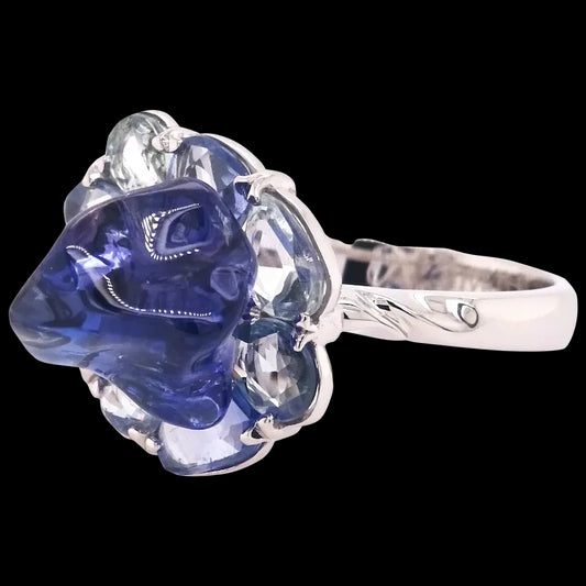 18K White Bonbon Blue Ring with Uncut Tanzanite and Uncut Blue Sapphires