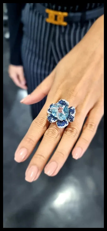 Flower Theme Ring in 18K White Gold with Diamonds, Blue Sapphires, Orange Sapphire and Uncut Aquamarine