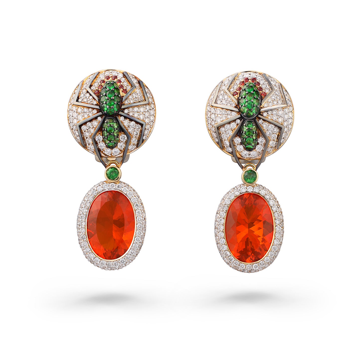 Fire Opal, Tsavorite & Diamond Spider Drop Earrings — 18K Yellow Gold, One of a Kind