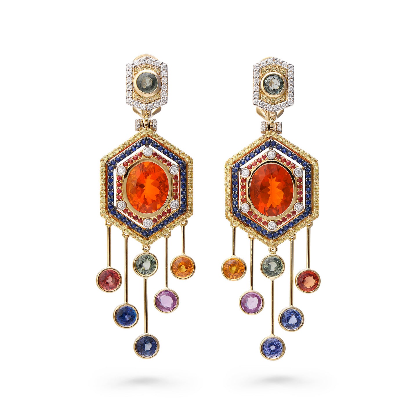 Fire Opal & Rainbow Sapphire Chandelier Earrings — 18K Yellow Gold, One of a Kind