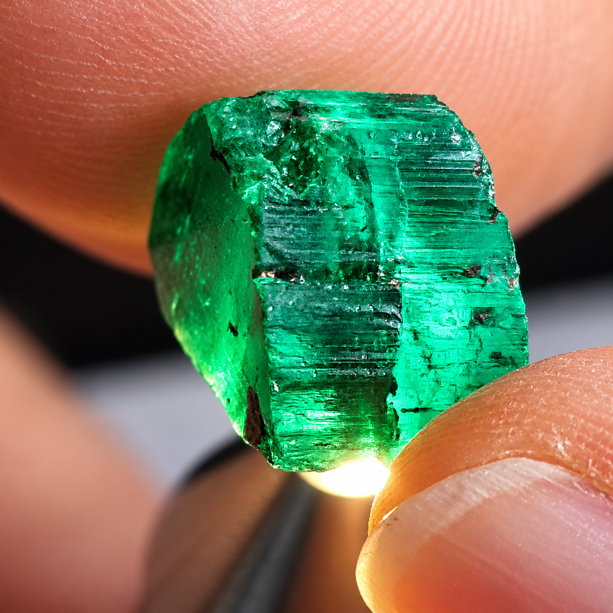Rough green gemstone held to the light for inspection before cutting