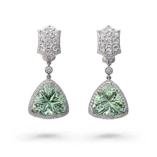Green Tourmaline & Diamond Drop Earrings — 18K White Gold, GIA Certified, One of a Kind