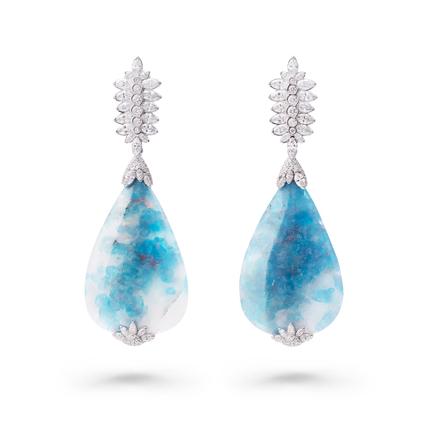 Paraiba Tourmaline Slice & Diamond Drop Earrings — 18K White Gold, One of a Kind