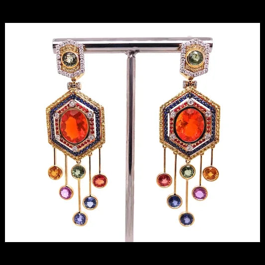 18K Yellow Gold Earrings with Diamonds, Sapphires, Fire Opals | Maasai Mara Earrings