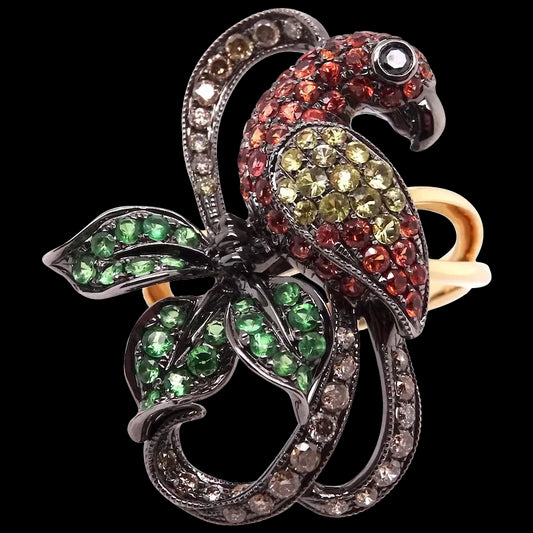 14K Gold Colourful Parrot Ring with Diamonds, Garnets and Sapphires