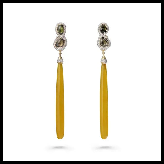 Yellow Jade Long Earrings in 18K Yellow Gold with Sapphires and Diamonds