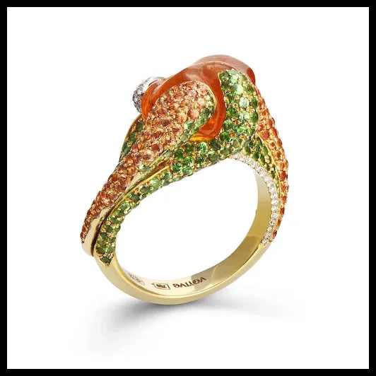 Gold Ring with Uncut Garnet, Tsavorites, Diamonds and Orange Sapphires
