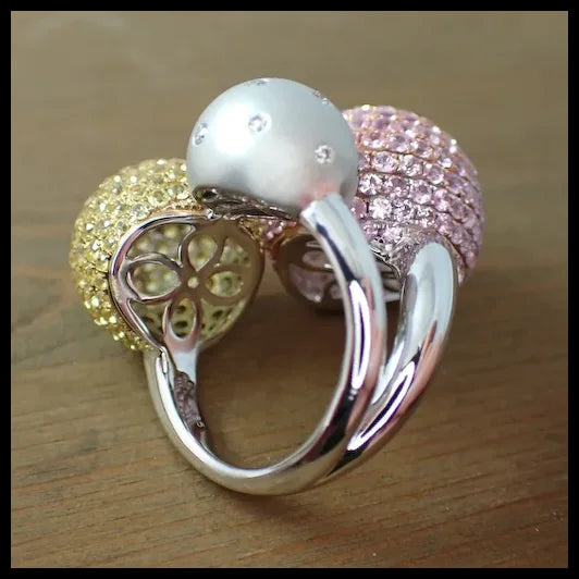 Three Sphere Ring in 14K White Gold with White Diamonds, Yellow Sapphires and Pink Sapphires