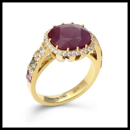Ring in 18K Yellow Gold with White Diamonds, Multi Colour Princess Sapphires and Oval Ruby