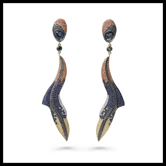18K Gold Earrings with Black and White Diamonds, Blue, Yellow and Orange Sapphires | Hawaiian Cleaning Wrasse Earrings