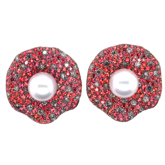 18K Yellow Gold Earrings with Brown Diamonds, Padparaja Sapphires and Cultured Pearls