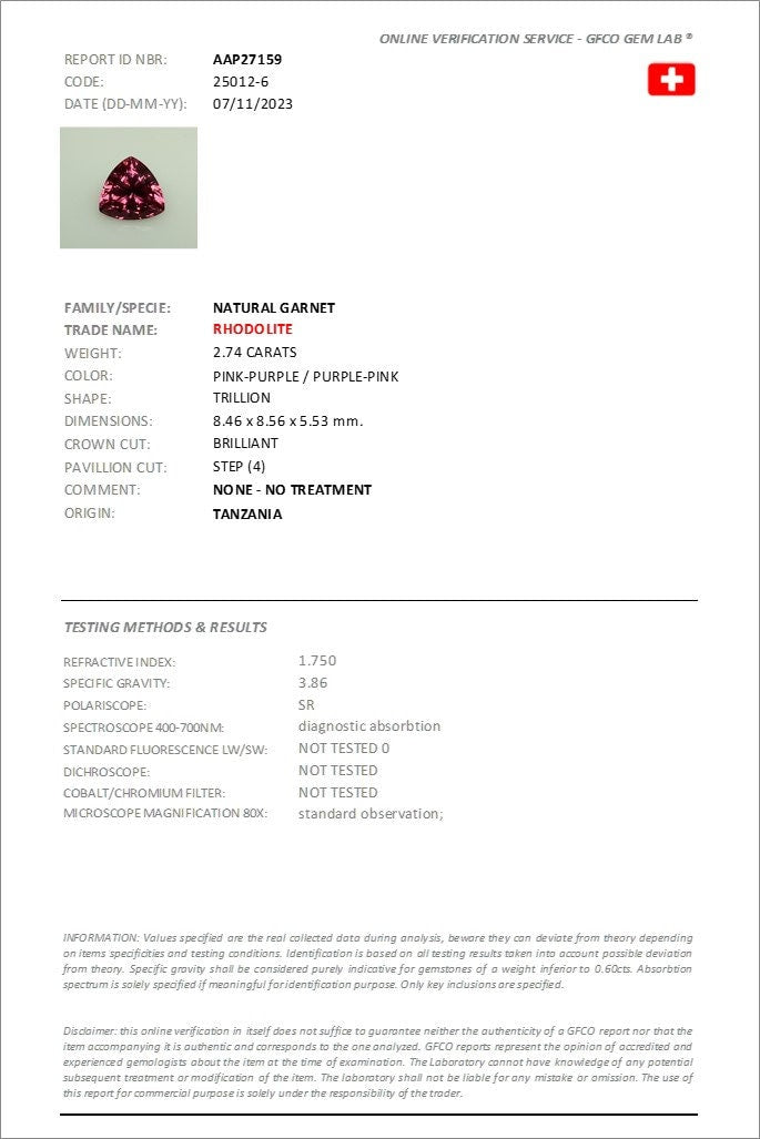 Certified 2.74 Rhodolite Garnet Precision Cut Trillion from Tanzania