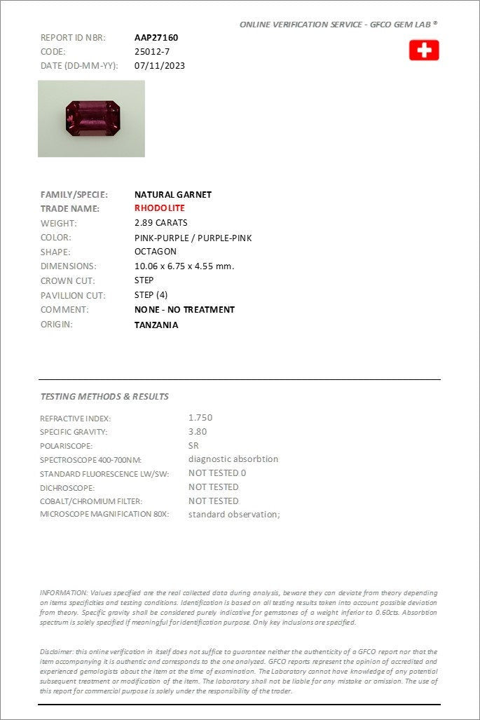 2.89 Octagon Rhodolite Garnet from Tanzania with Certificate Precision Cut